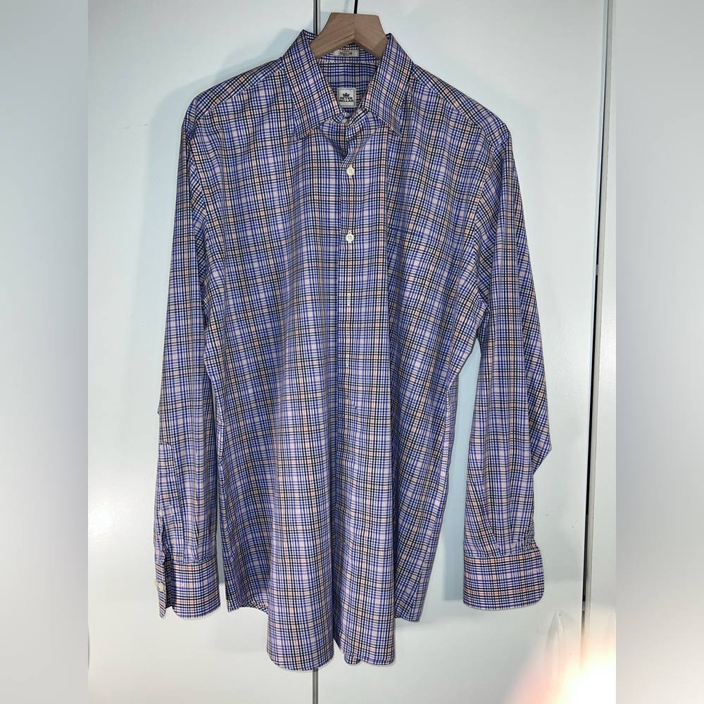 PETER MILLAR crown dress shirt, men’s large, hidden button collar, navy multi